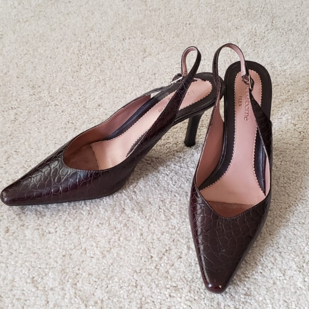 Brown croc leather slingback heels